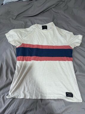 Abercrombie & Fitch White Tee with Navy and Coral Stripes
